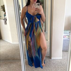 Fashion Nova Blue Green Maxi Dress with High Slit and Spaghetti Straps